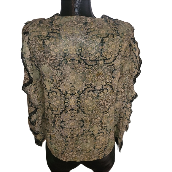 Tan Floral Ruffle Boho Chic Blouse with Black Lace Trim - Picture 5 of 5
